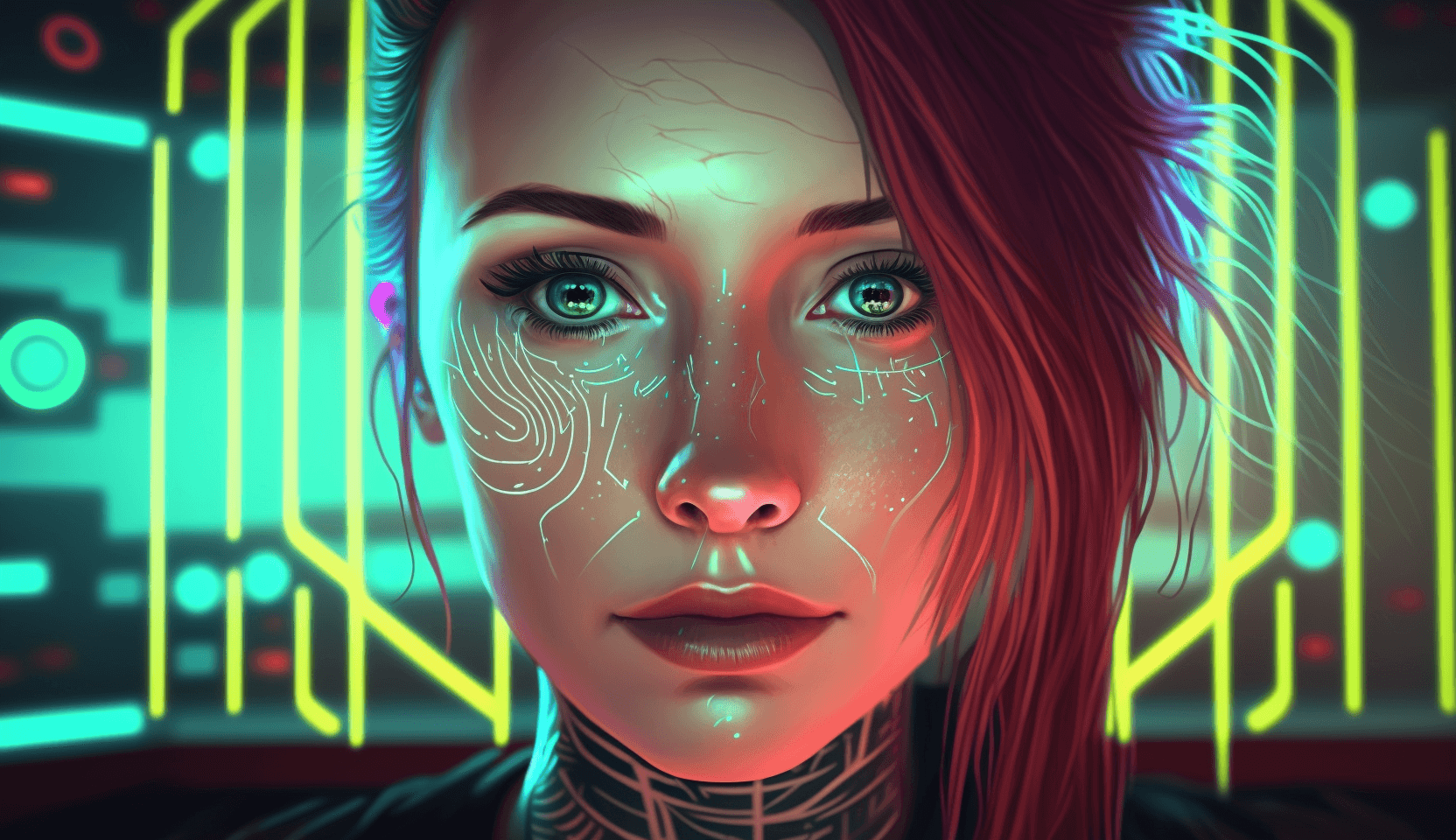 A futuristic looking woman with neon code background